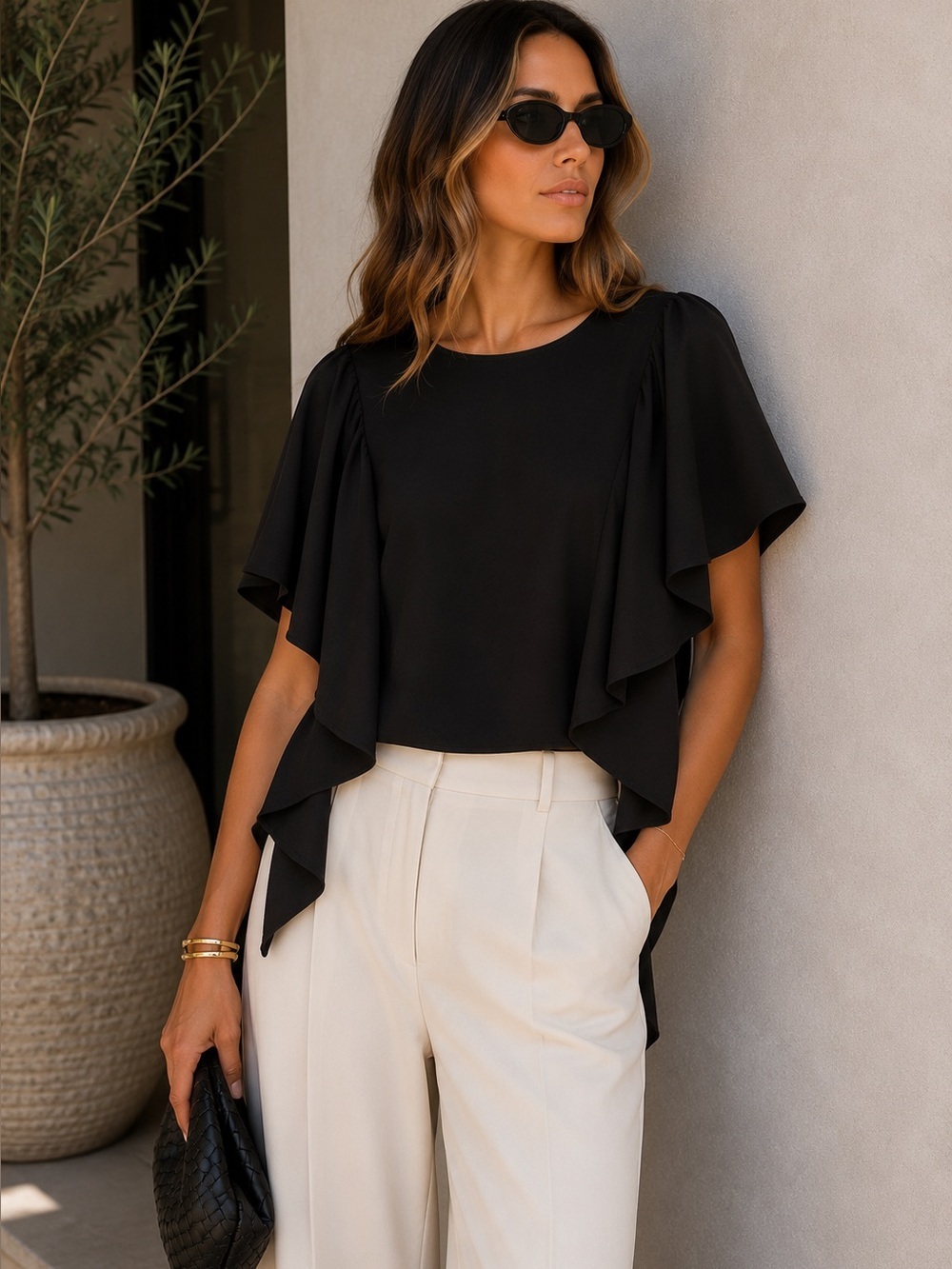 Leith Ruffle Flutter Sleeve Blouse Black XS NWT